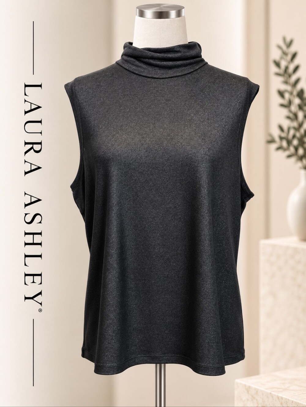 Laura Ashley Cowl Neck Sleeveless Tunic Top – Black/Charcoal XL Elegant